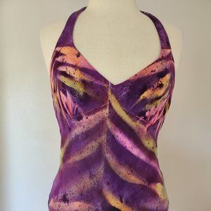 NEW Silk halter Short Dress african batik purple yellow gold pink green tropical